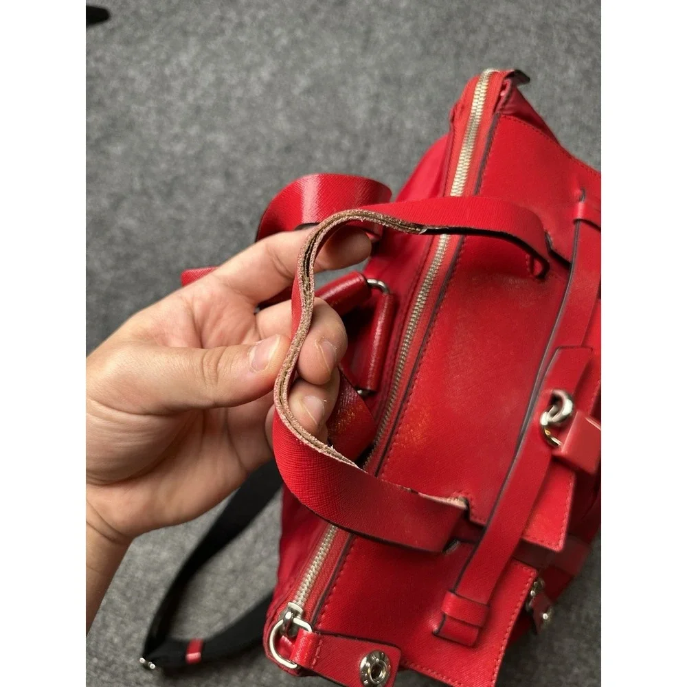 Womens Henri Bendel Red‎ Nylon Leather Trim Satchel Tote Bag, Size One Size